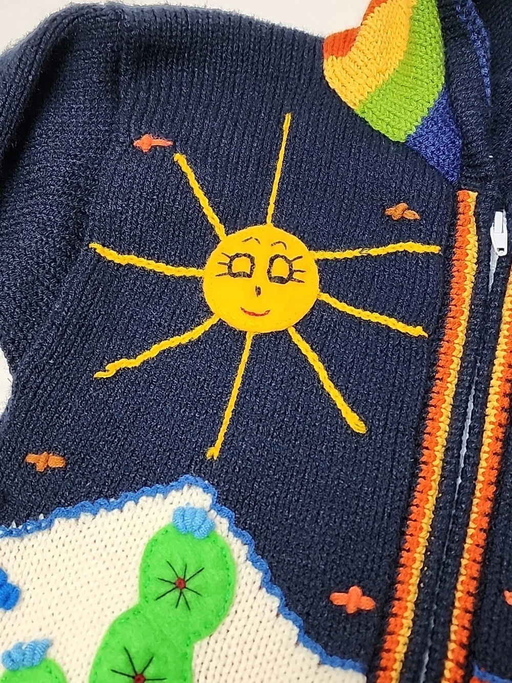 Peruvian Child's Colorful Hand-Knit Hooded Zip Cardigan Animals Rainbow Stripes - Picture 5 of 11